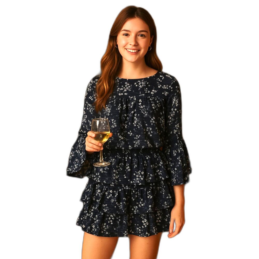 MK Tiered Ruffles Skirt and Blouse Set Size XS Blue Floral Print Office Party